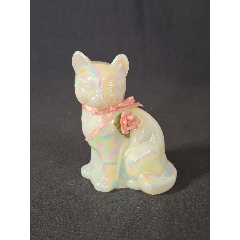 Fenton Art Glass Iridescent White Opalescent Sitting Cat Figurine with Rose